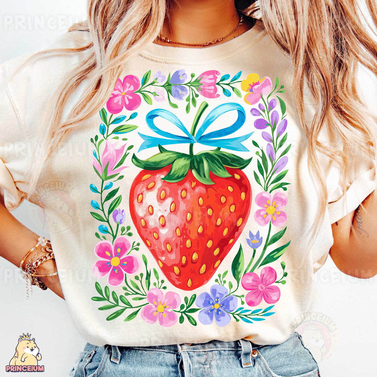 a woman wearing a t - shirt with a strawberry on it