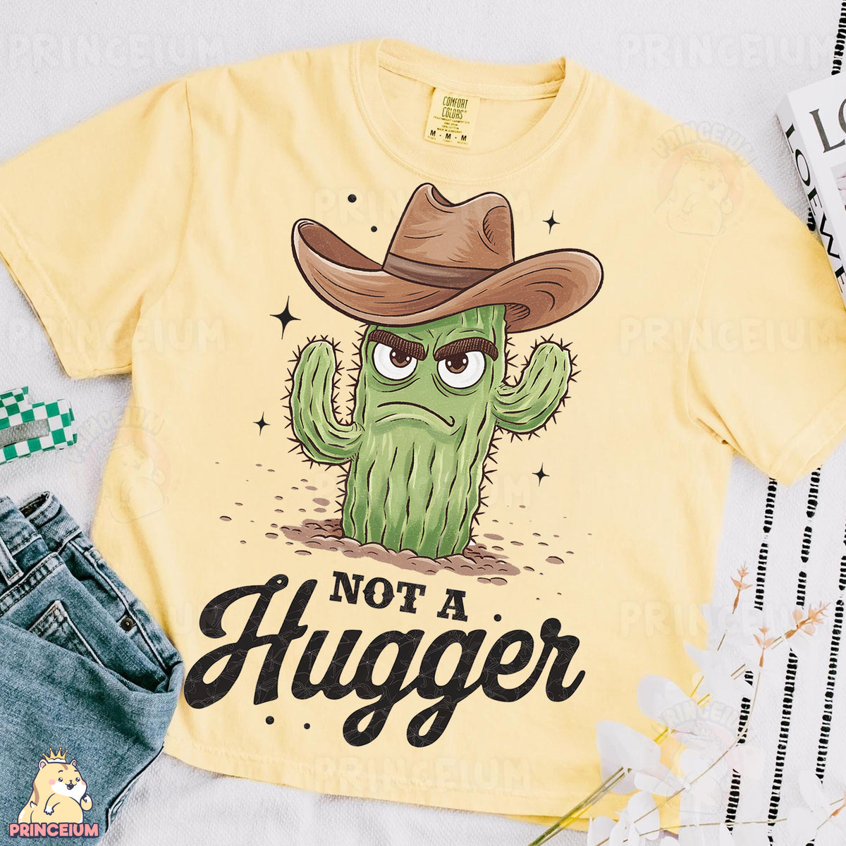 a cactus wearing a cowboy hat with the words not a hugger on it
