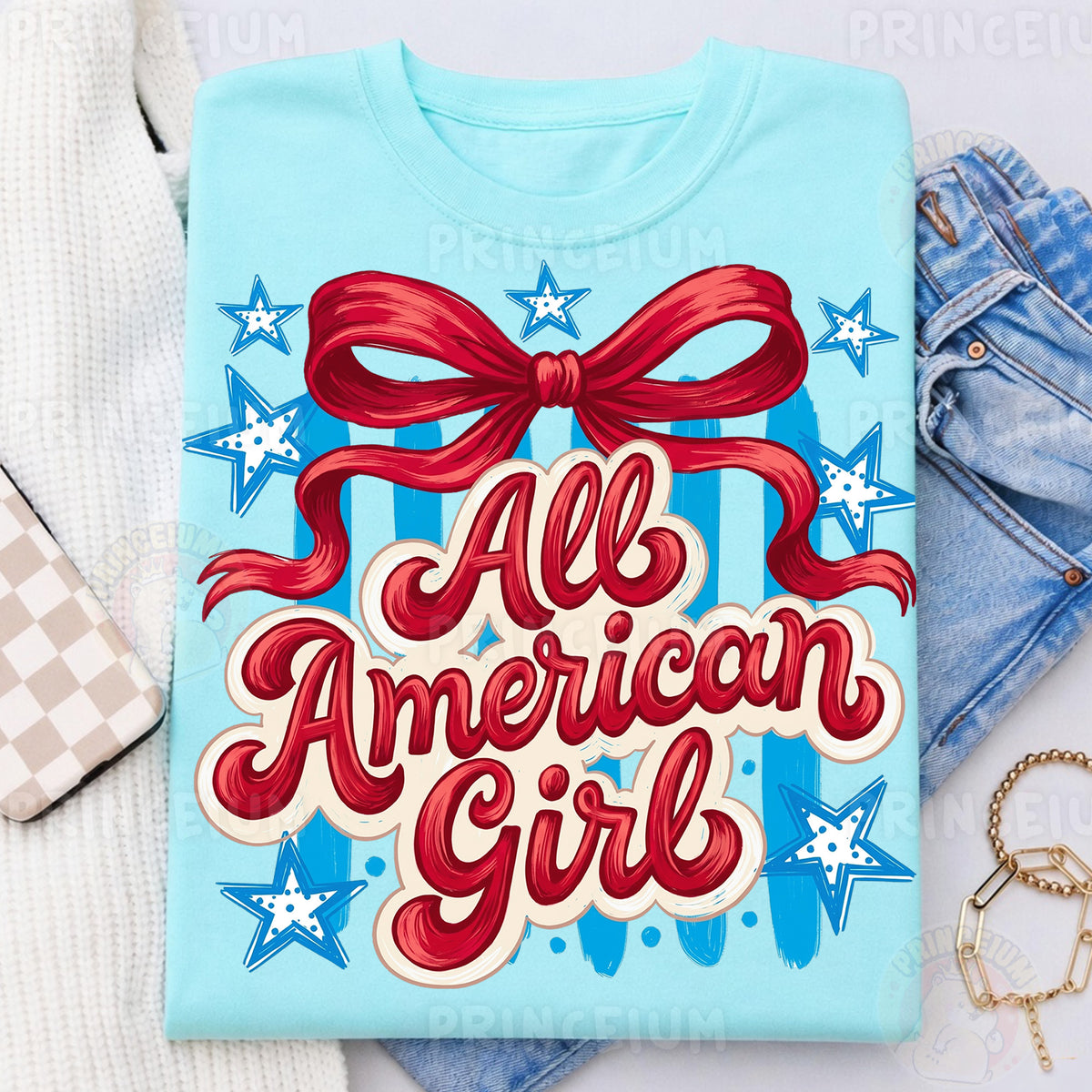All American Girl Sublimation Design PNG | Patriotic Red Bow Digital Download