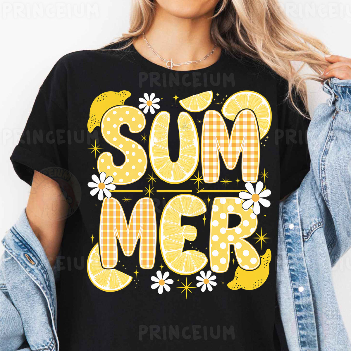 a woman wearing a black shirt that says summer