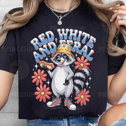 a woman wearing a red, white and blue raccoon t - shirt