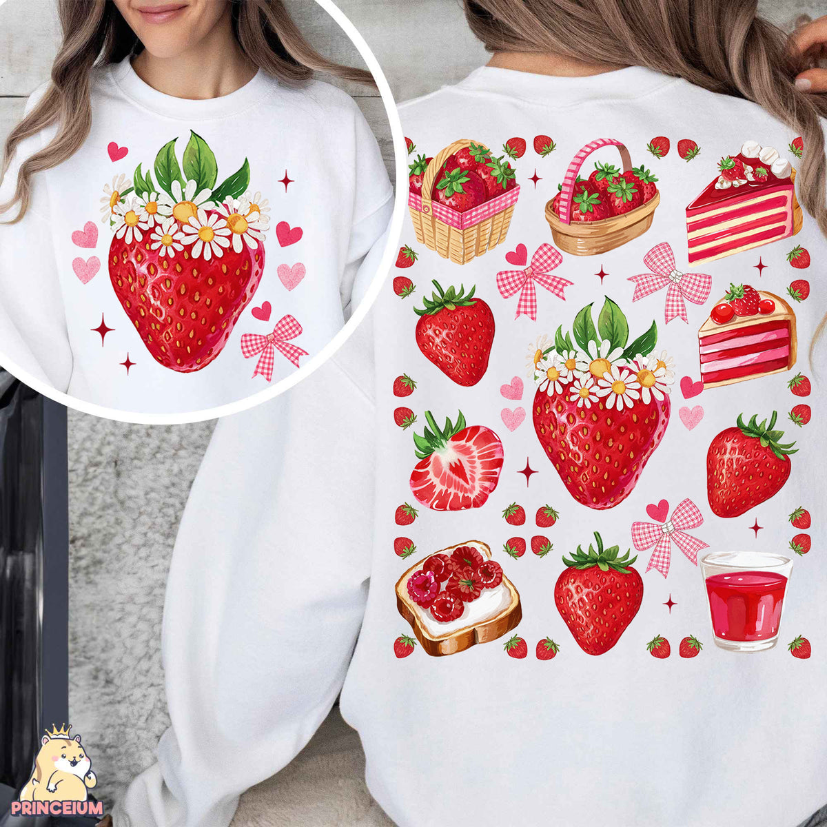 a woman wearing a white shirt with strawberries on it