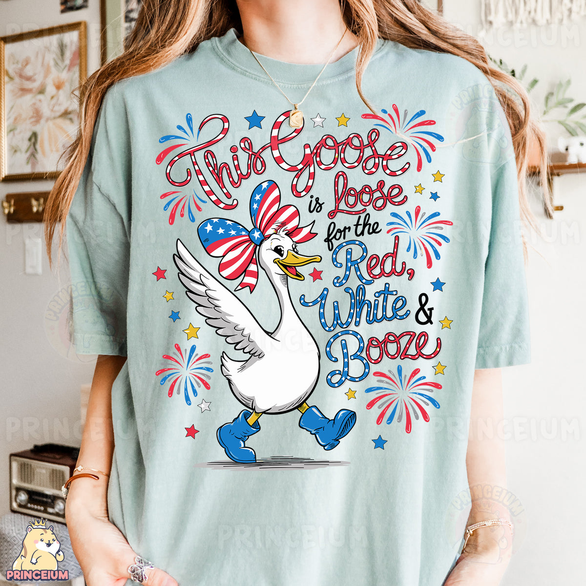 a woman wearing a t - shirt that says, this goose is for the red
