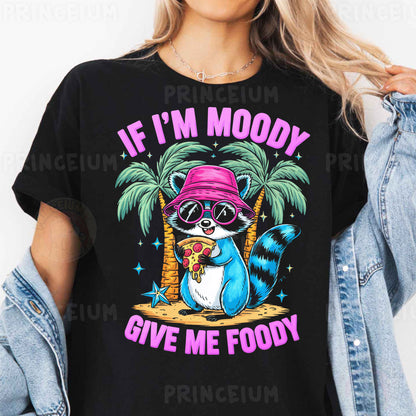 a woman wearing a black shirt with a raccoon wearing a pink hat and