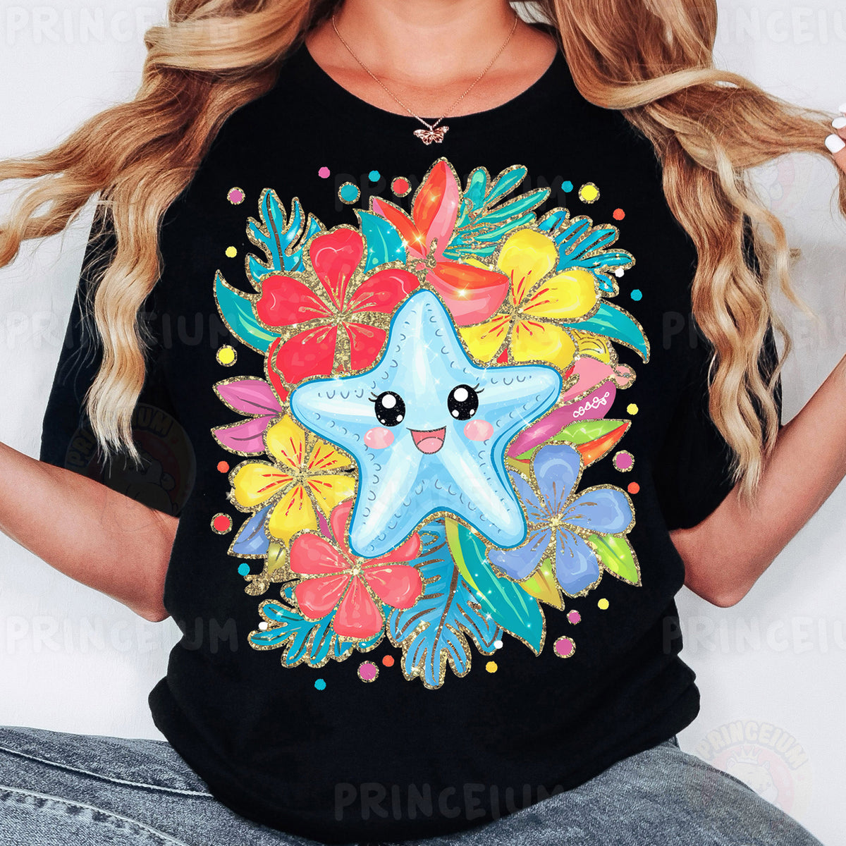 a woman wearing a black shirt with a starfish on it