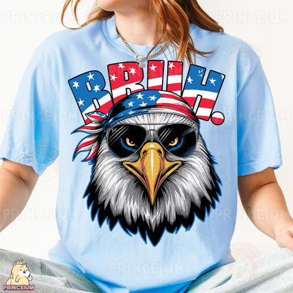 a woman wearing a patriotic eagle t - shirt