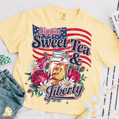 a t - shirt with the words sweet tea and liberty on it