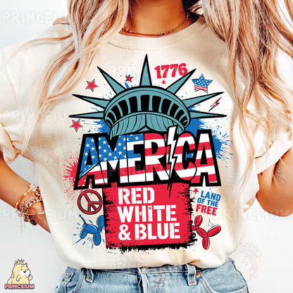 a woman wearing an american red, white and blue t - shirt