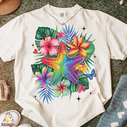 a t - shirt with a starfish and tropical flowers on it