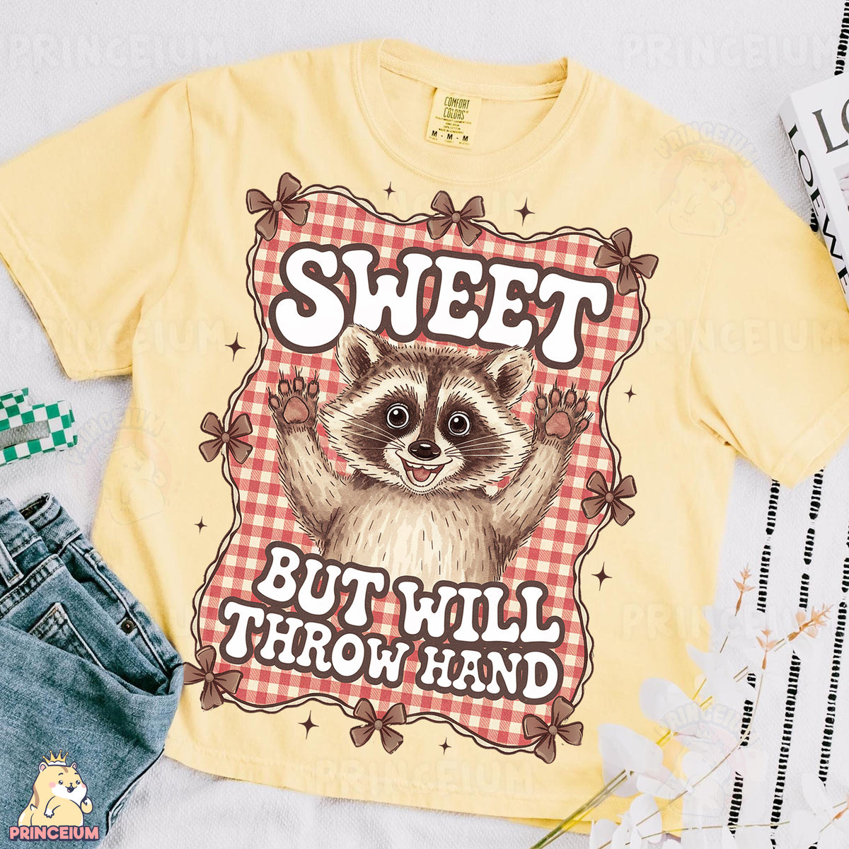 a t - shirt with a raccoon saying sweet but will throw hand