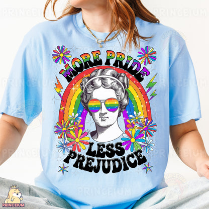 a woman wearing a t - shirt that says more pride less pride
