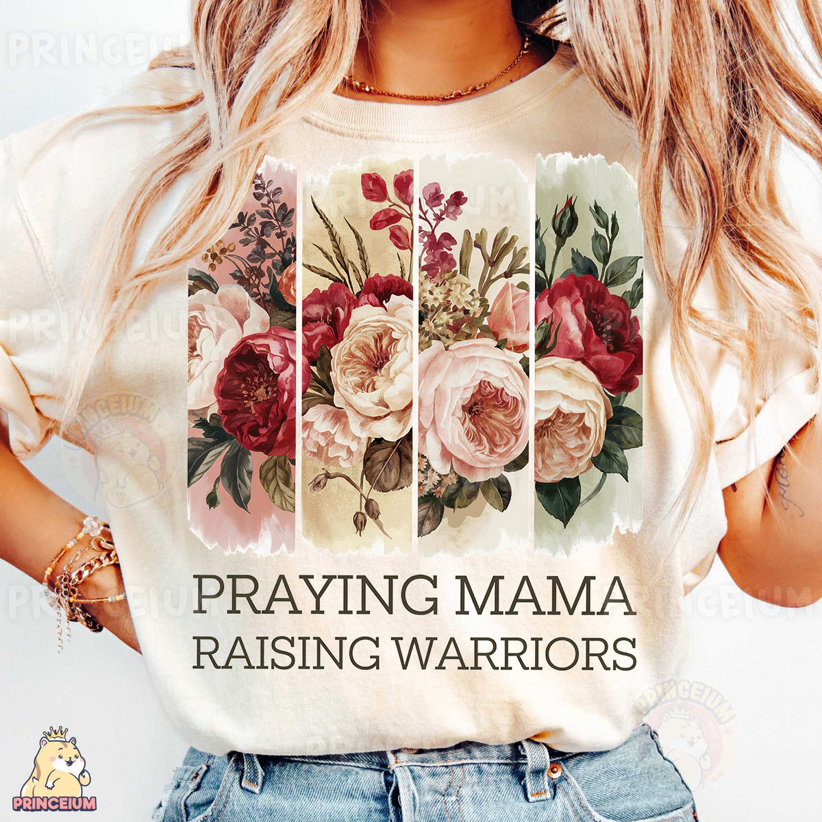a woman wearing a t - shirt that says praying mama raising warriors