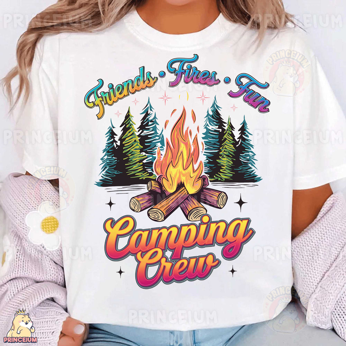 a woman wearing a white t - shirt that says friends first time camping crew