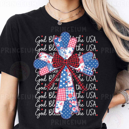 a woman wearing a black shirt with a red, white and blue bow