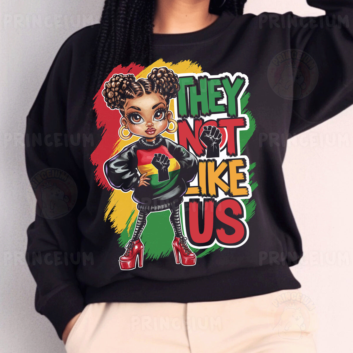 a woman wearing a black sweatshirt with an afro girl on it