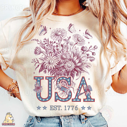 a woman wearing a usa t - shirt with flowers on it