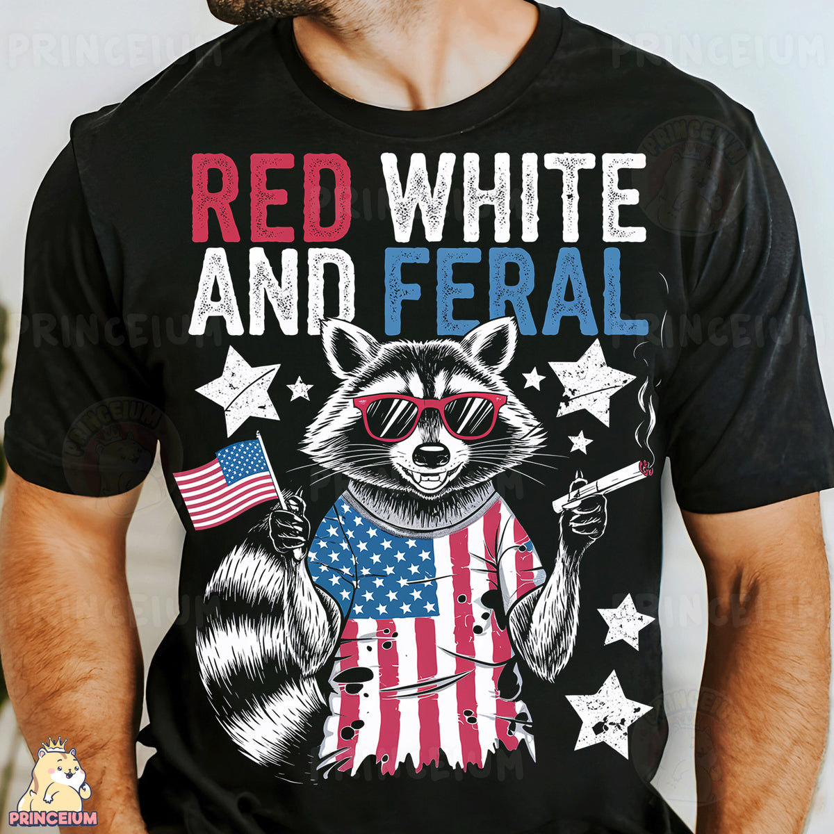 a man wearing a red, white and fe ral t - shirt