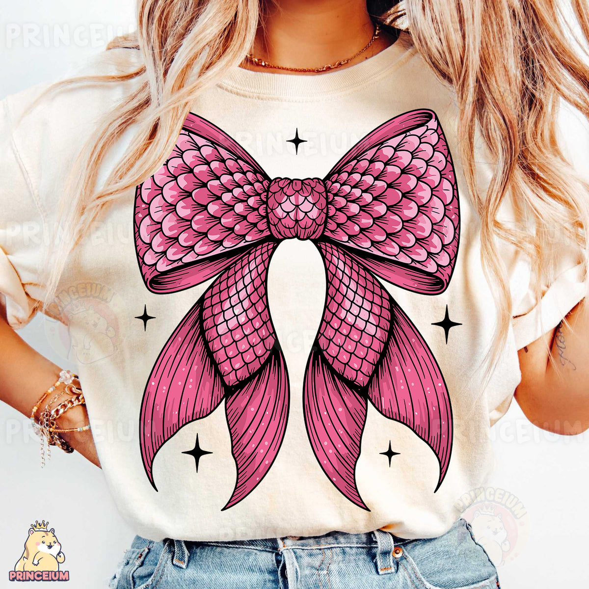 a woman wearing a t - shirt with a pink bow on it