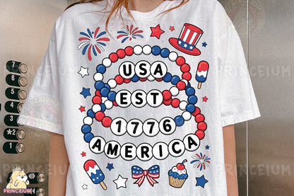 a woman wearing a white usa est 76 america t - shirt