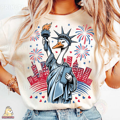 a woman wearing a t - shirt with the statue of liberty on it