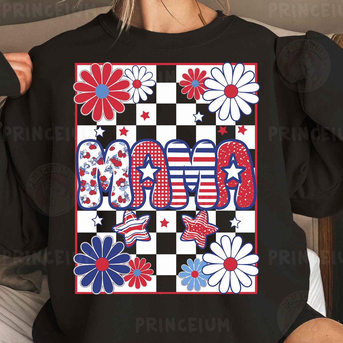 a woman wearing a black shirt with red, white, and blue flowers on it