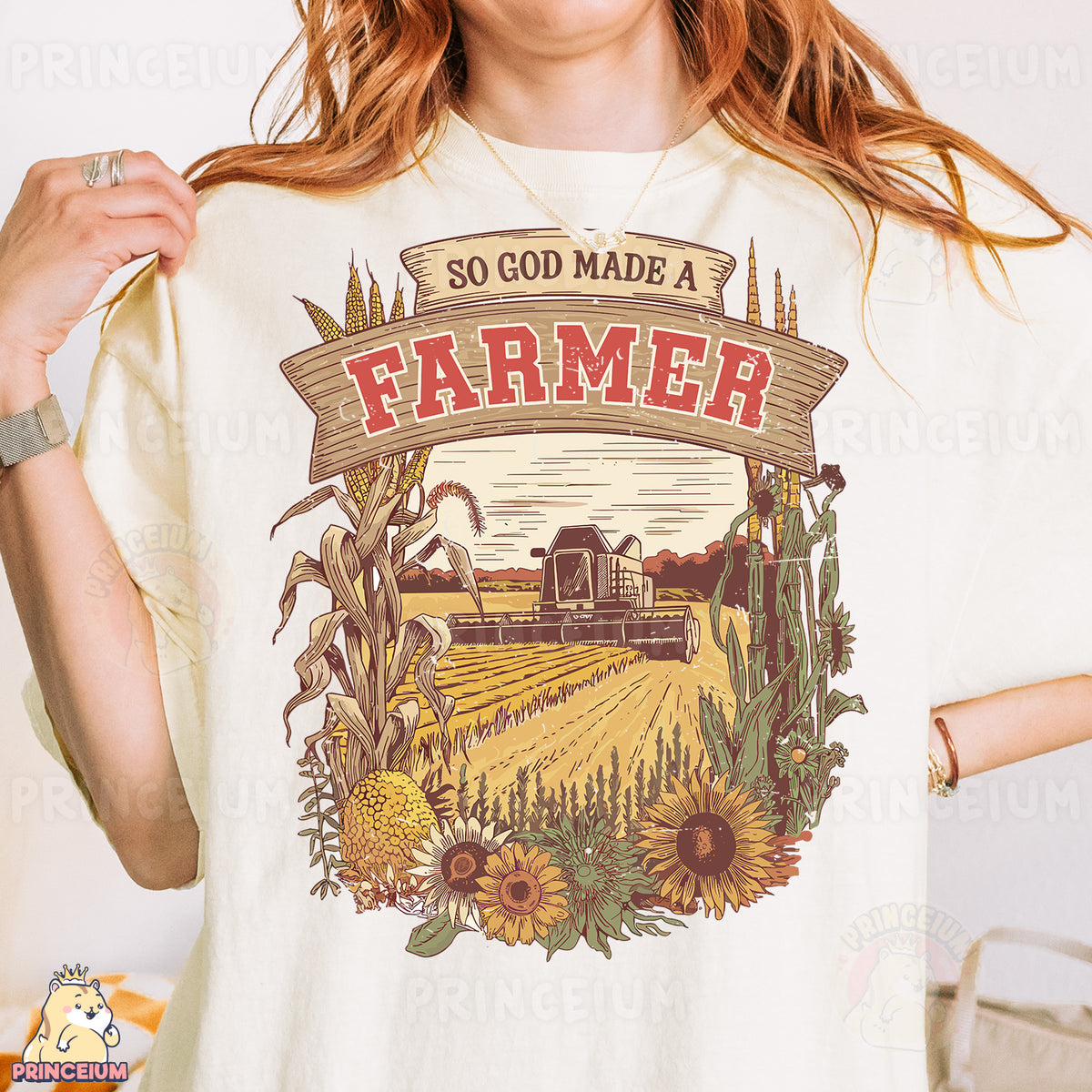 a woman wearing a t - shirt that says, so god made a farmer