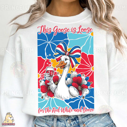 a woman wearing a white shirt with a goose on it