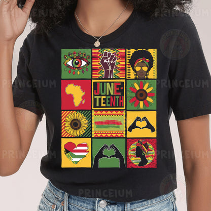 a woman wearing a black t - shirt with different images on it
