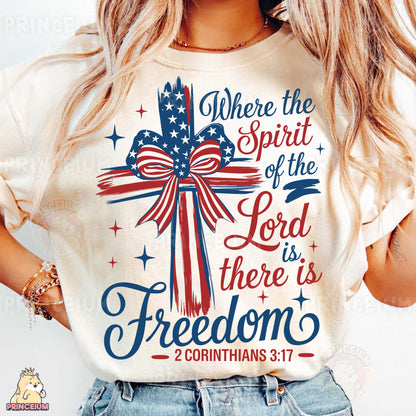 a woman wearing a t - shirt that says, where the spirit of the lord