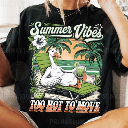 a woman sitting in a chair with a goose on her shirt