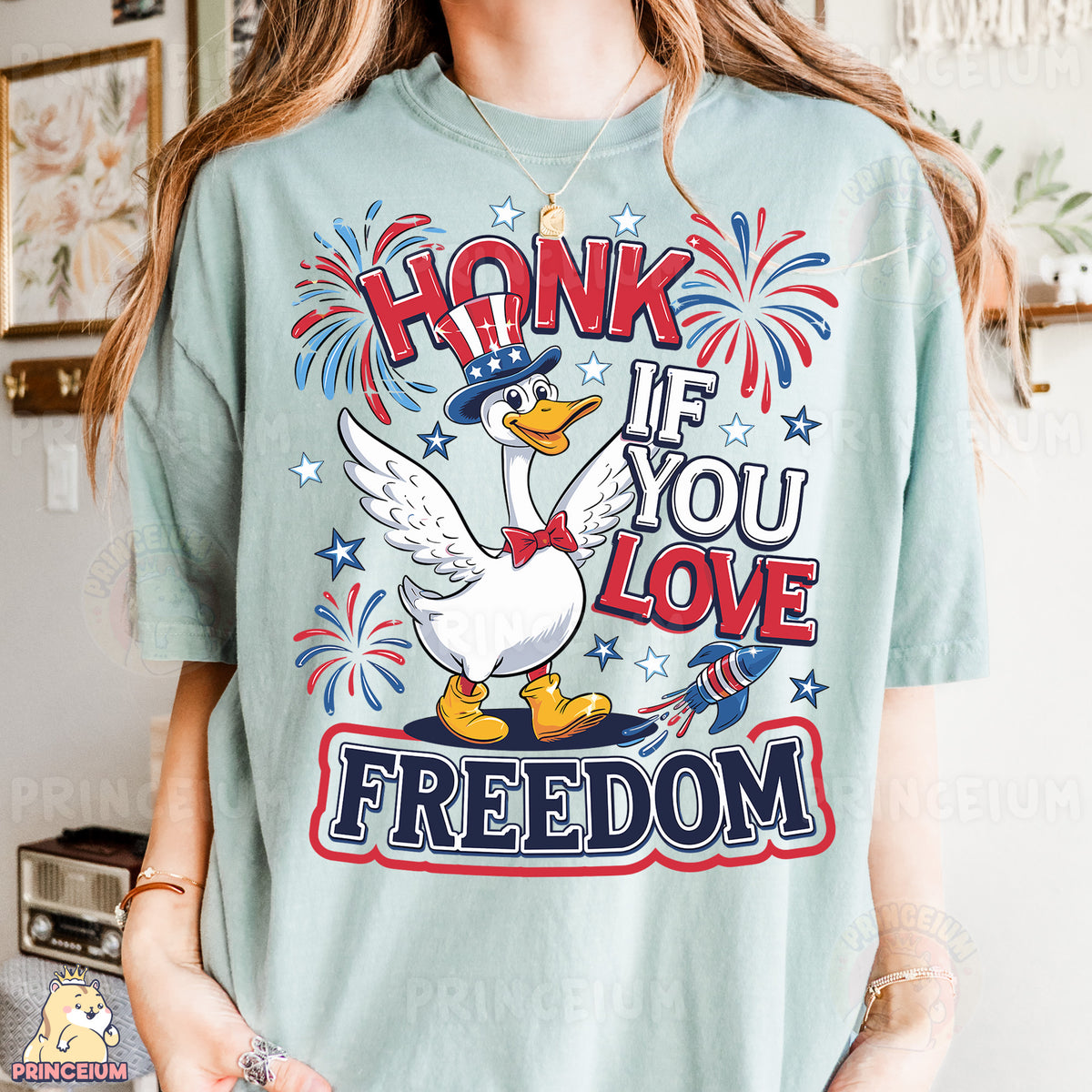 a woman wearing a t - shirt that says honk if you love freedom
