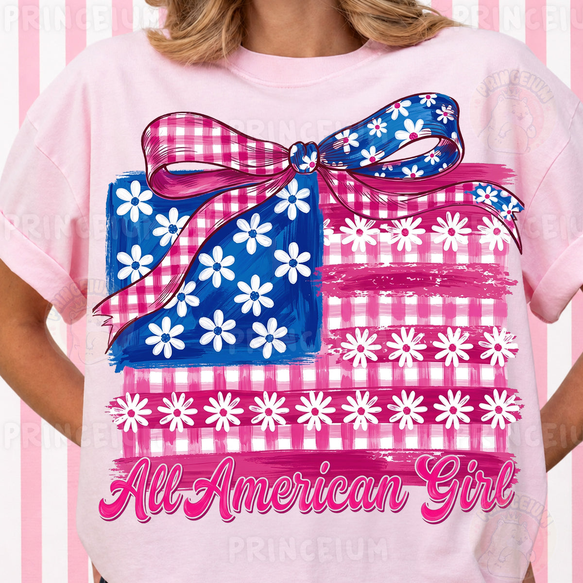 All American Girl Sublimation Design PNG | Patriotic Gingham Flag with Bow Digital Download