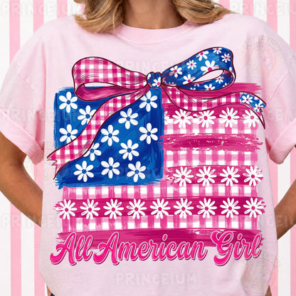 All American Girl Sublimation Design PNG | Patriotic Gingham Flag with Bow Digital Download