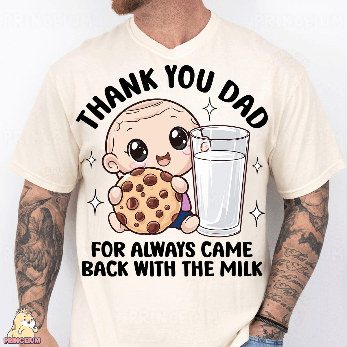 a man wearing a t - shirt that says thank you dad for always came back