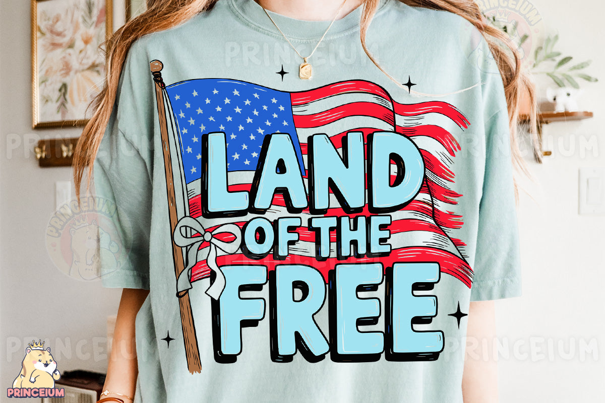 a woman wearing a land of the free t - shirt