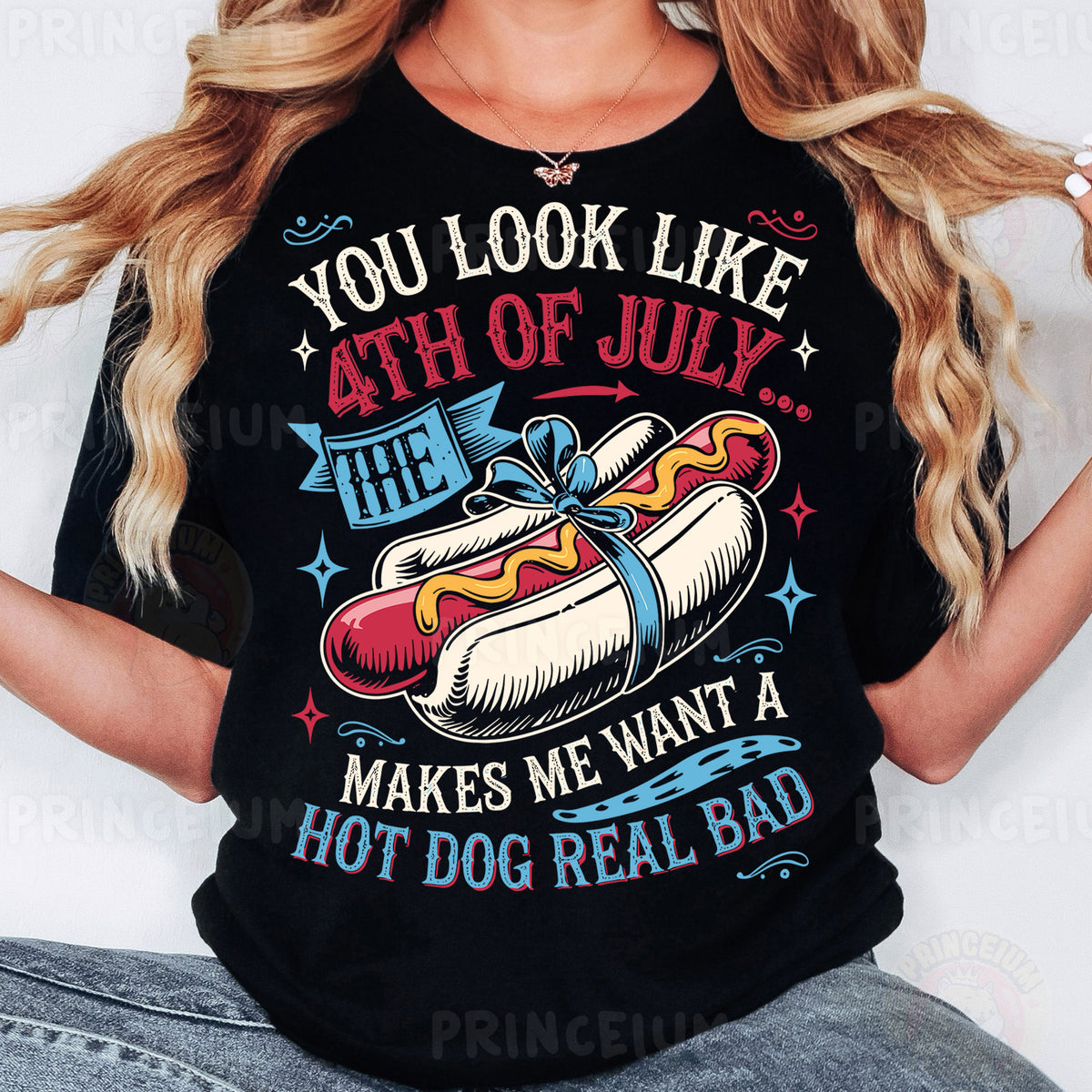 a woman wearing a black shirt with a hot dog on it