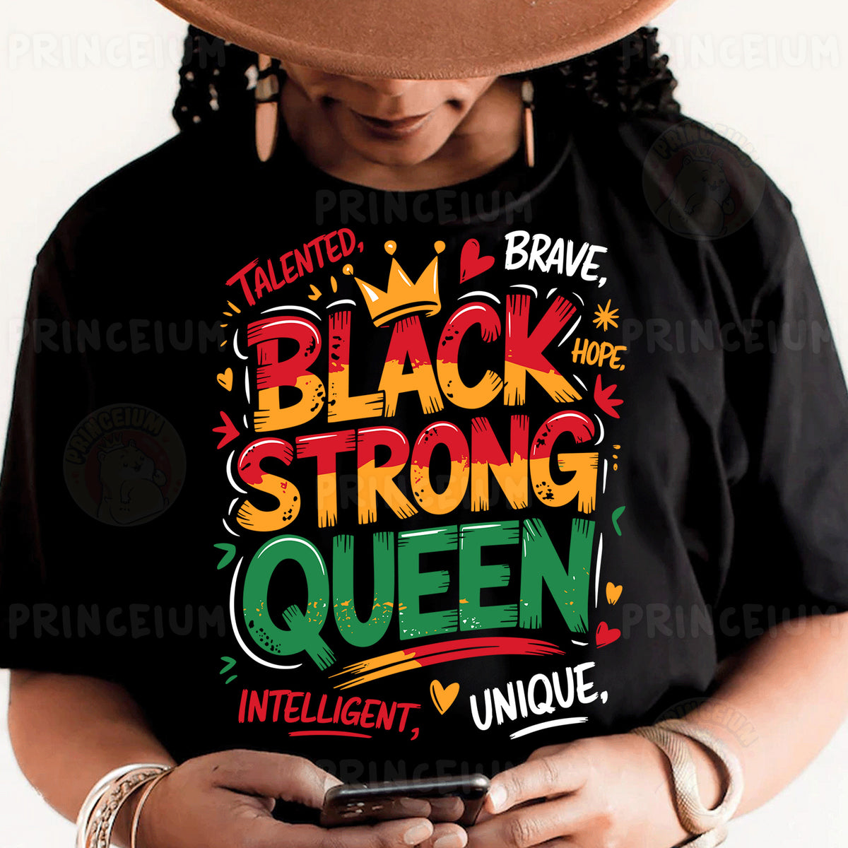a woman wearing a black t - shirt with the words black strong queen on it