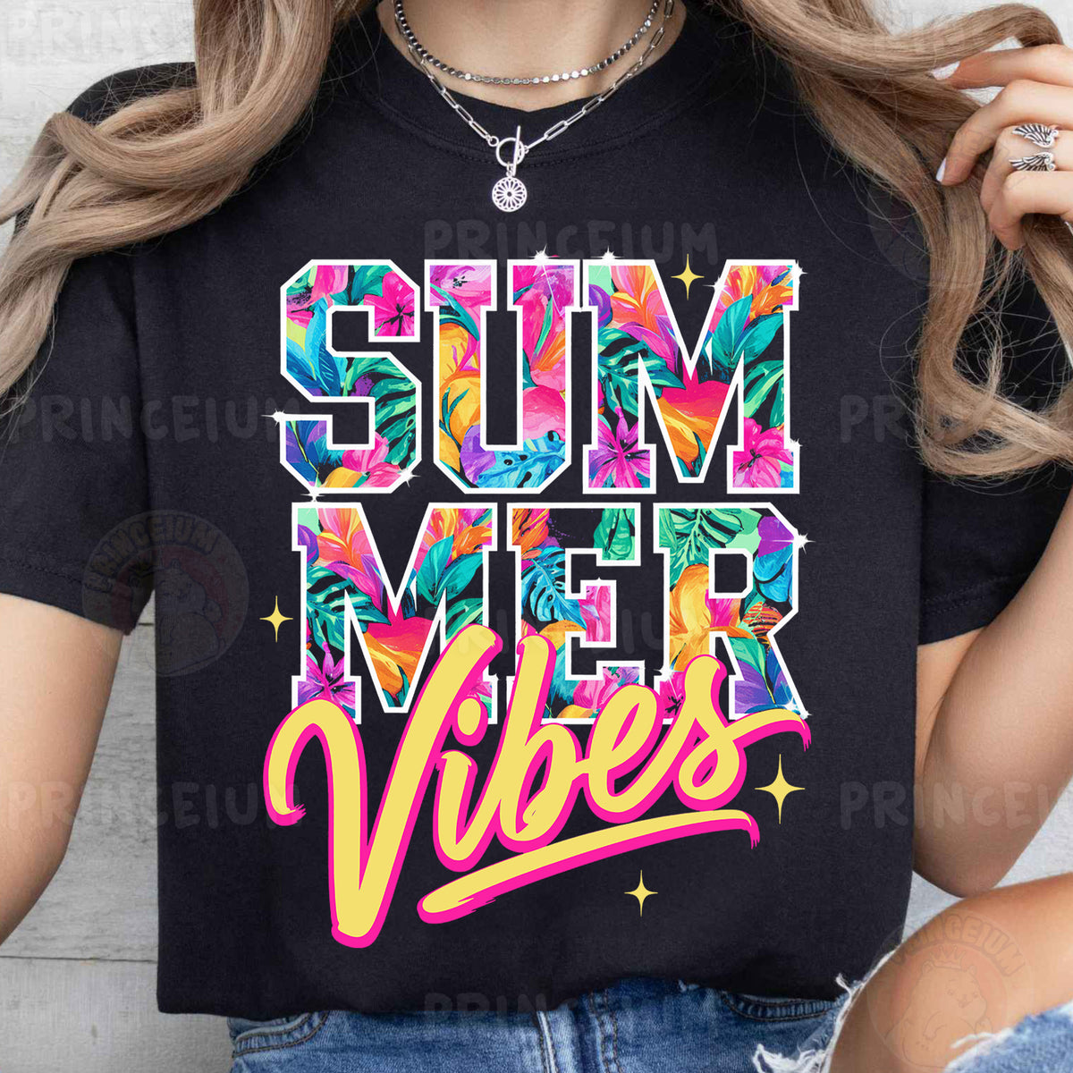 a woman wearing a black shirt that says summer vibes
