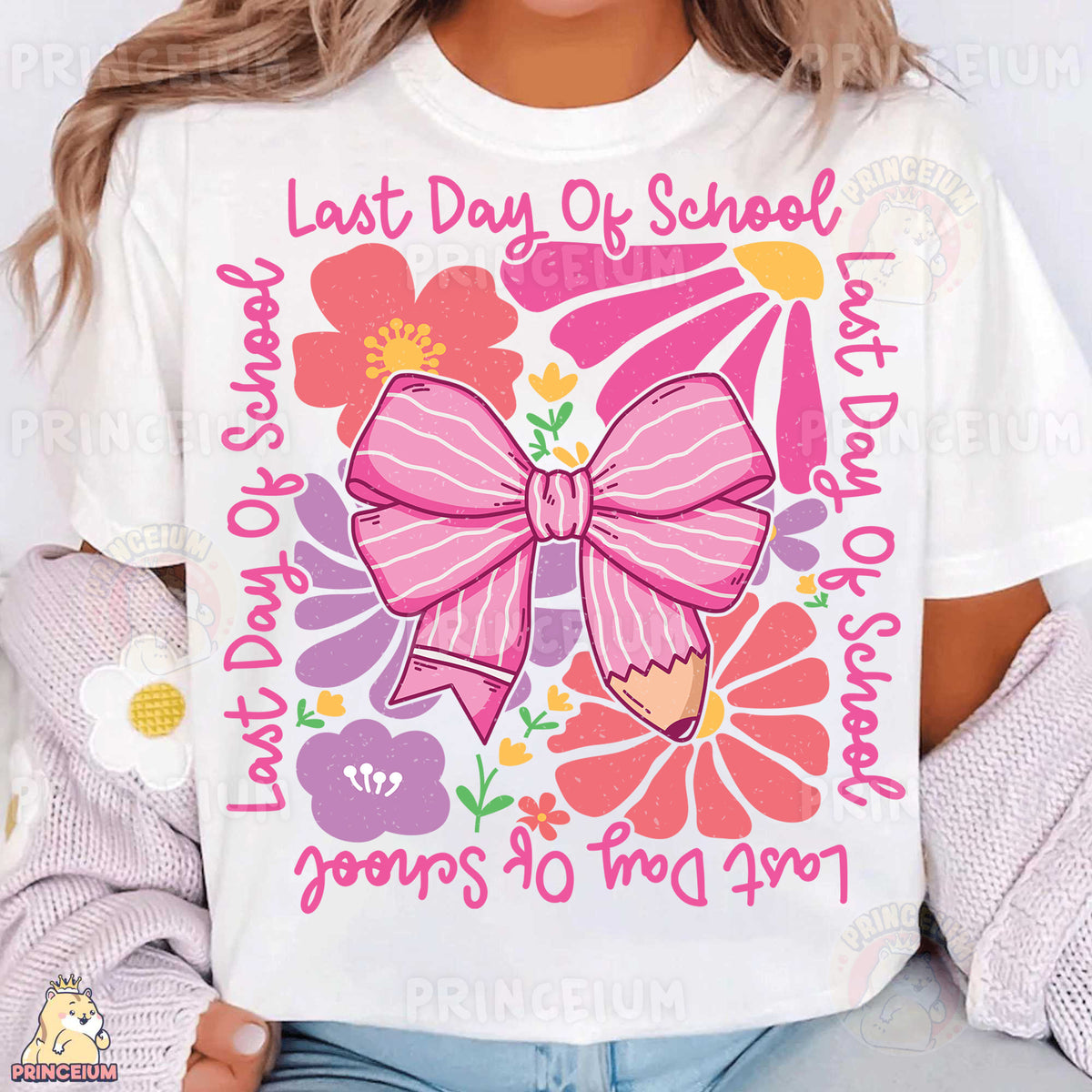 a woman wearing a white shirt with a pink bow