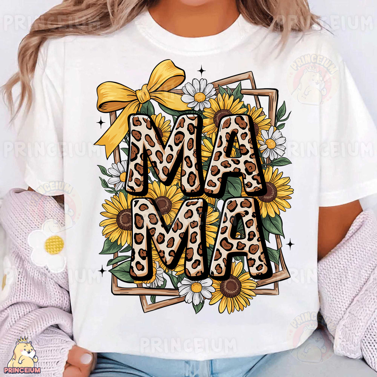 a woman wearing a white t - shirt with sunflowers and leopard print