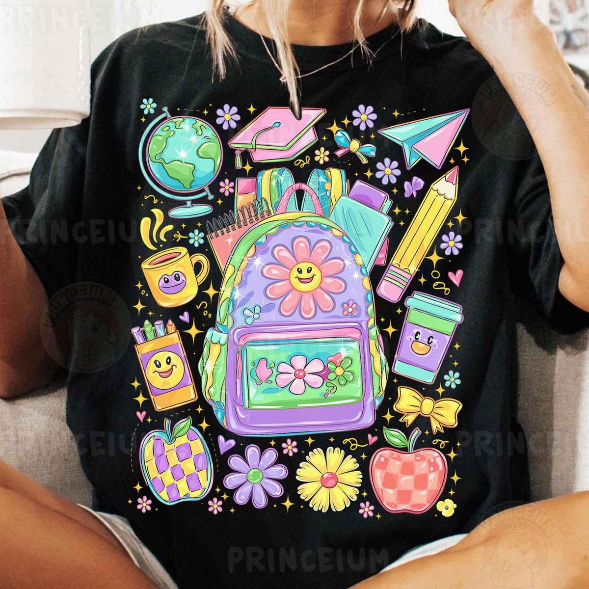 a woman sitting on a couch with a backpack on her back