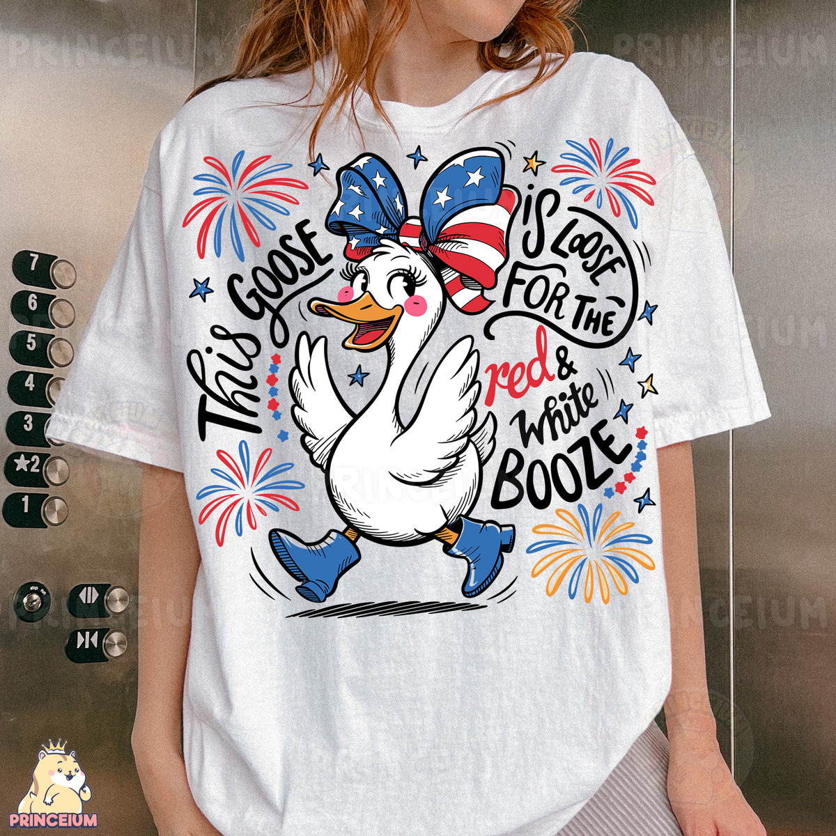 a woman wearing a white t - shirt with an image of a duck wearing a