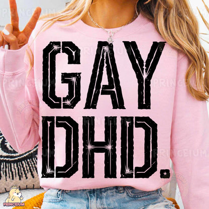 a woman wearing a pink shirt that says gay chic