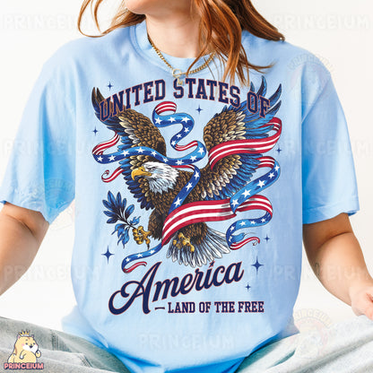 a woman wearing a blue united states of america t - shirt