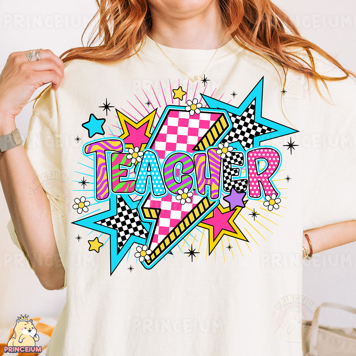 a woman wearing a t - shirt that says teacher