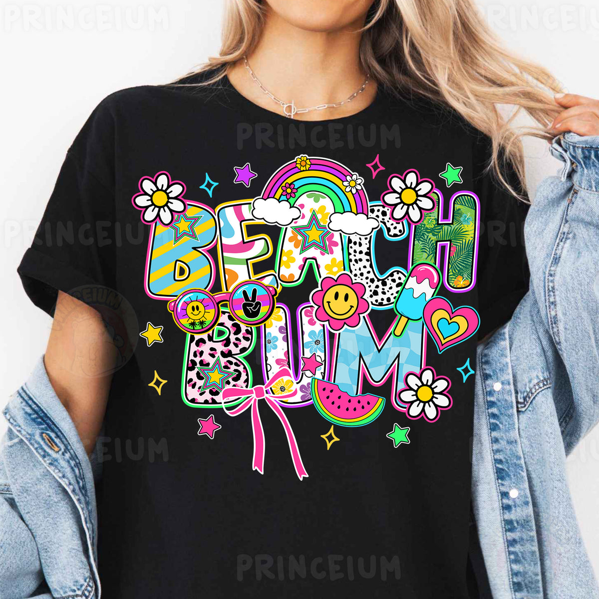 a woman wearing a black tshirt with the words happy mom printed on it