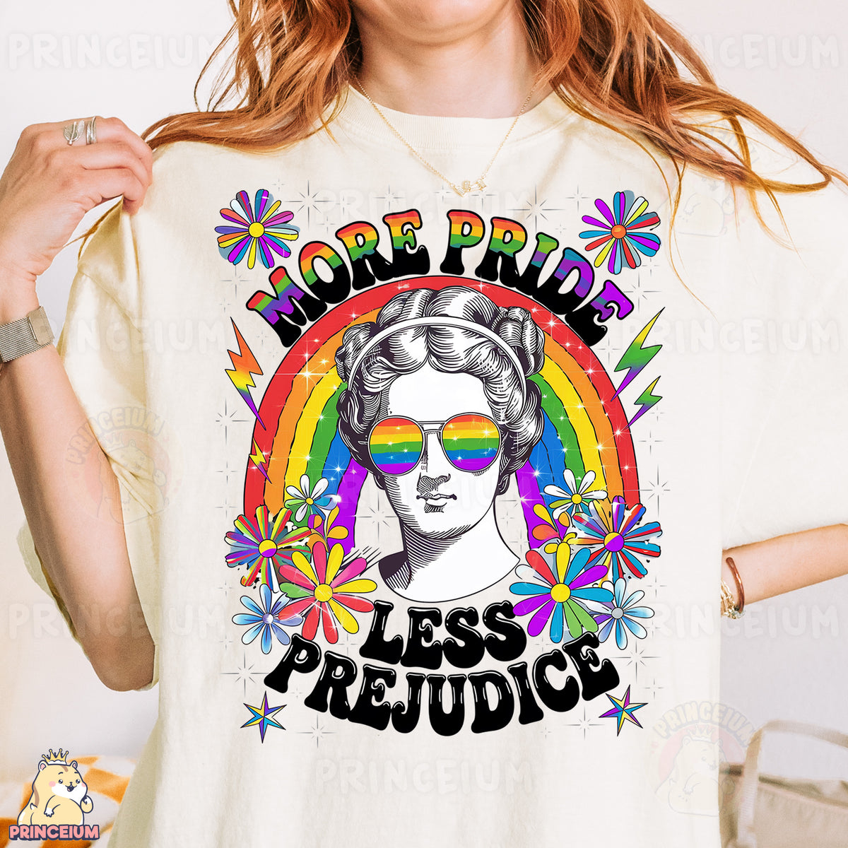 a woman wearing a t - shirt that says more pride less pride