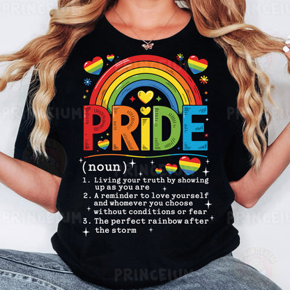 a woman wearing a black pride t - shirt