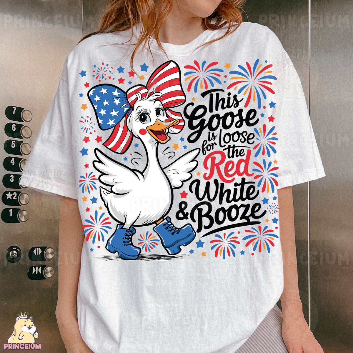 a woman wearing a white t - shirt with an american flag on it