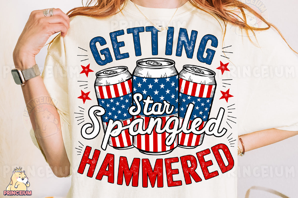 a woman wearing a t - shirt that says getting star - spangled hammered